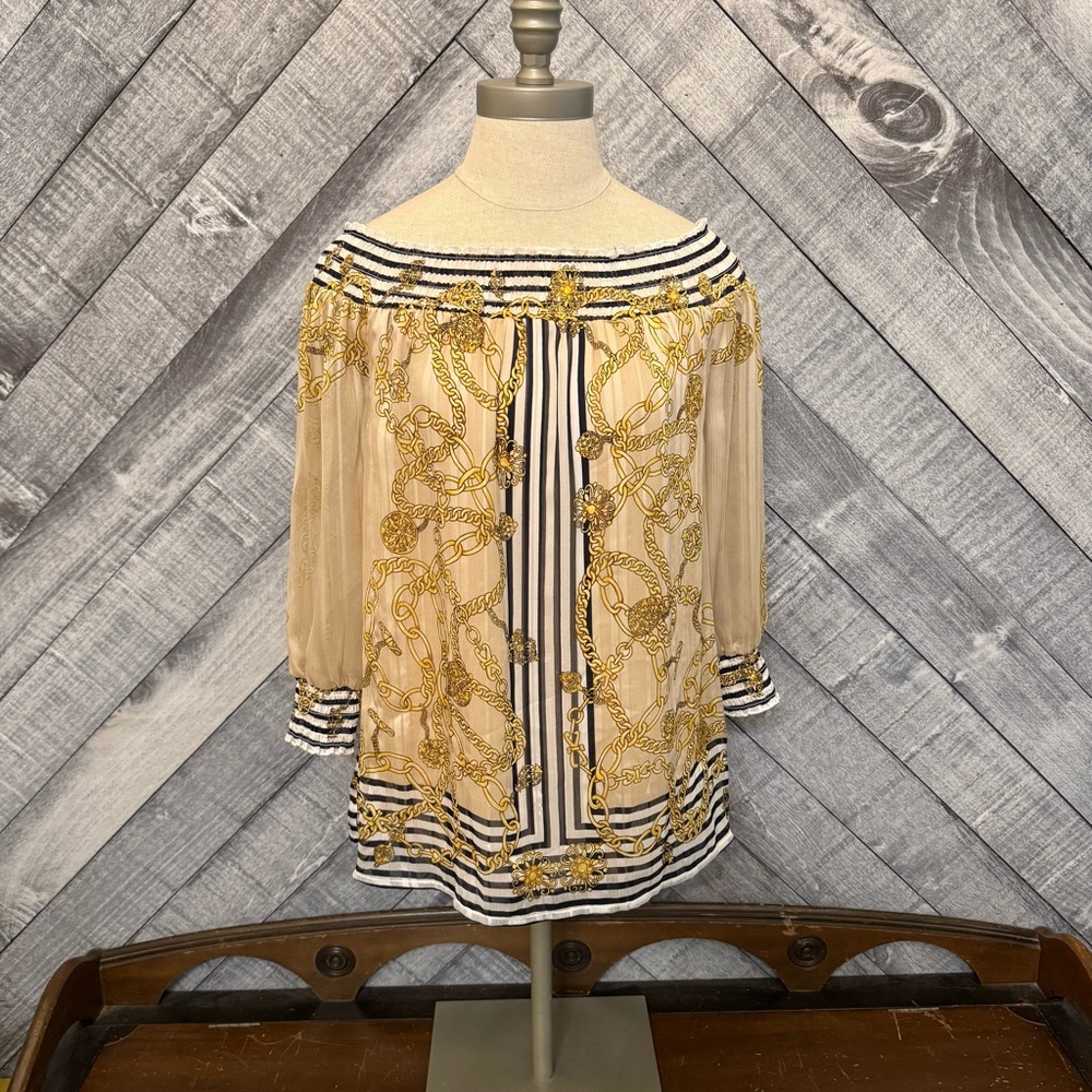 Cache Off-the-Shoulder Yellow Black and Gold Blouse Chainlink Cruise Wear Formal